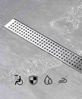 24 Inch Linear Shower Drain With Removable Square Hole Panel In Brushed 304 Stainless Steel Adjustable Feet Hair Strainer 2 Inch Outlet And X Shaped Diversion Groove For Smooth No Fuss Leak Free Drainage installed in wet area