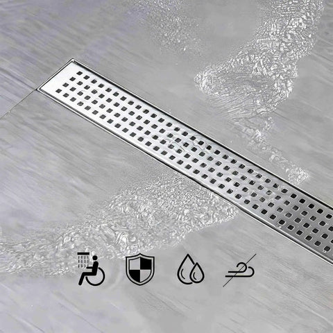 24 Inch Linear Shower Drain With Removable Square Hole Panel In Brushed 304 Stainless Steel Adjustable Feet Hair Strainer 2 Inch Outlet And X Shaped Diversion Groove For Smooth No Fuss Leak Free Drainage installed in wet area