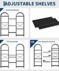 Triple Wide Arched Bookshelf With 11 Adjustable Open Shelves, showing assembly options, industrial metal and wood display.