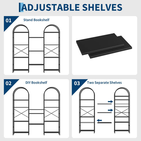 Arched Triple Column Small 4 Tier Bookshelf With Open Display Shelves And Iron Pipe Accents for adjustable shelving options