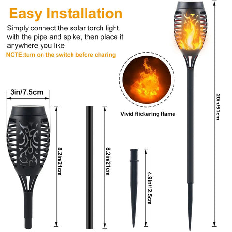 Mini Solar Torch Lights With Flickering Flame Upgraded 12 LED Outdoor Waterproof Tiki Torches Auto On Off Super Bright