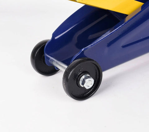 Close-up of 2 Ton Hydraulic Floor Jack With 4000 Lb Lift Capacity, Heavy Duty Car Jack Trolley showing blue steel construction and wheels.