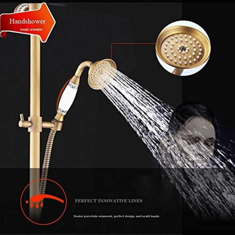 UBNMIUBV Shower System, Wall Mount Outdoor 8" Rain Shower Faucet Set with hand shower and water flow, antique brass finish.
