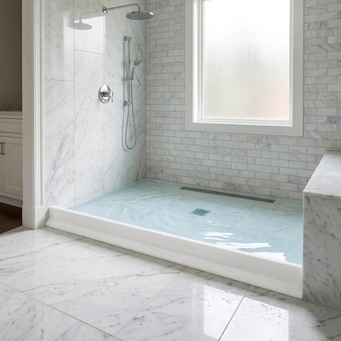 3 Inch High Collapsible Shower Dam Barrier, 78 Inch Long Water Splash Guard in bathroom with dry floor, easy install