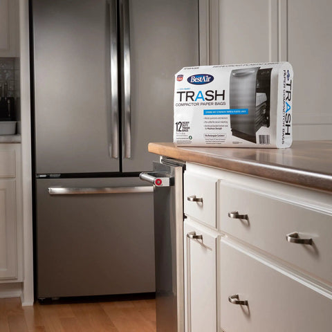 Kitchen scene with BestAir trash bags on counter; Heavy Duty Trash Bags For Rectangular Canisters That Can Handle It All 16 Inch Deep 9 Inch Wide 17 Inch High Pack Of 24 Wet Strength Paper Liner With Reinforced Bottom Seal Pre Cuffed Made In USA visible