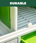 Close-up of the interior features of the Large Plastic Chicken Coop For Easy Cleaning And A Secure Hen House, Green Color, Coop Only.