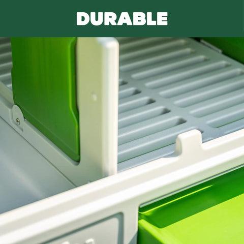 Close-up of the interior features of the Large Plastic Chicken Coop For Easy Cleaning And A Secure Hen House, Green Color, Coop Only.