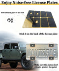 Self-adhesive pads for noise-free license plates on a car, shown with clear application to reduce vibration.