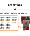 BEC settings for Beefy 70A Brushless RC ESC For 2-6S LiPo With 128KHz Control, showing voltage options from 5V to 12V.
