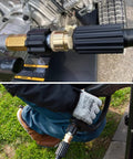 YAMATIC pressure washer adapter set, M22 to 3/8 quick-connect brass fittings with black grip, attached to hose