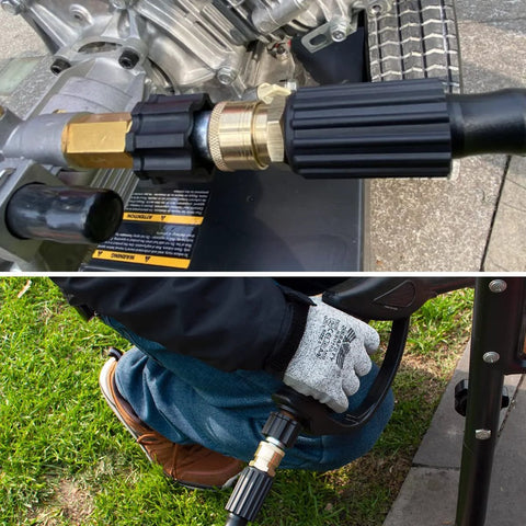 YAMATIC pressure washer adapter set, M22 to 3/8 quick-connect brass fittings with black grip, attached to hose