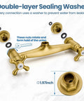 Antique Brass Wall Mount Kitchen Faucet With 8 Inch Center, 360 Degree Swivel Spout, showing sealing washer details