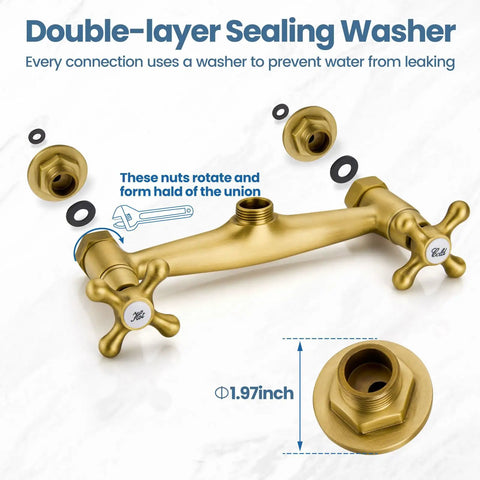 Antique Brass Wall Mount Kitchen Faucet With 8 Inch Center, 360 Degree Swivel Spout, showing sealing washer details