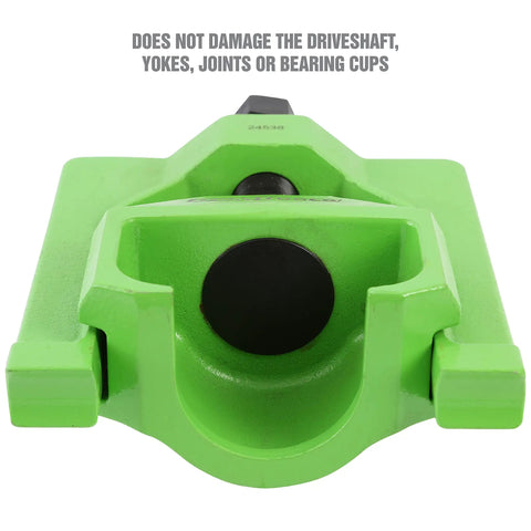 Heavy Duty U Joint Puller For Semi Trucks Class 7 8 Pro Grade U Joint Removal Tool For Drivelines Press Removes Seized Bearing Cups Without Damaging Yokes Or Driveshaft Components Beefy And Easy To Use In The Shop, green tool close-up view