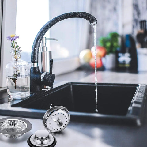 Modern kitchen sink with running water, featuring 3 Piece Kitchen Sink Drain Strainer And Stopper Set Stainless Steel Garbage Disposal Plug