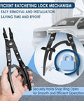 Hand holding Ford 38700 Spindle Snap Ring Pliers with ergonomic handle, special angled jaws, and ratcheting lock for 2007+ Super Duty trucks