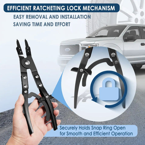 Ford Super Duty Spindle Snap Ring Pliers 2007 And Newer for easy removal and installation shown held in hand with truck in background