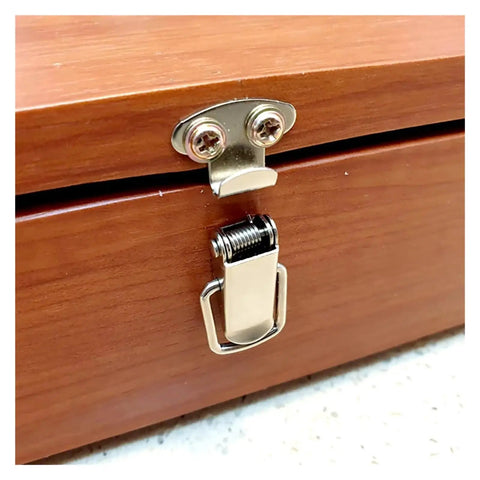 Mini Stainless Steel Toggle Latch Catch Set on wooden box, Spring Loaded Chest Box Door Latch for secure closure, rust resistant