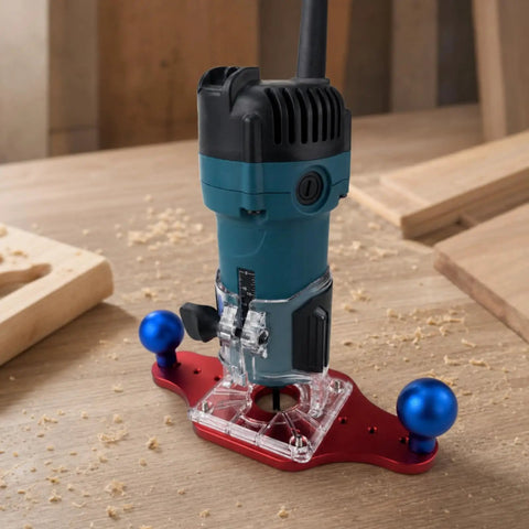 Heavy Duty Trimming Machine Bottom Plate For Woodcraft with blue handle, clear design, and central opening for precise cuts.