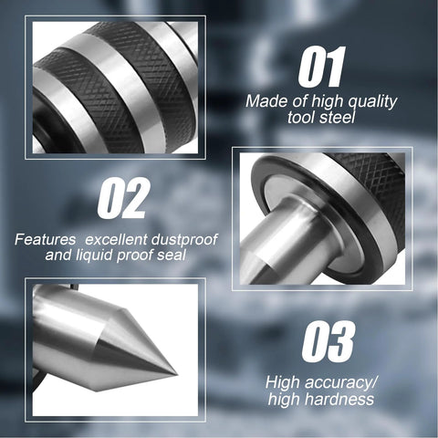 2MT Morse Taper Live Center 60 Degree With Triple Bearing Design showing quality steel, dustproof seal, and high accuracy features