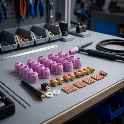 Grab This Awesome 58-Piece Luwecf TIG Consumables Kit For Your Torch That Includes gas lens collet bodies and alumina nozzles on a workbench.