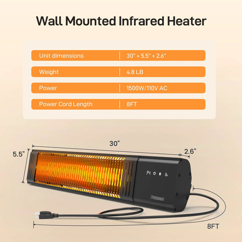 Powerful 1500W Outdoor Patio Heater With Remote Control IP65 Waterproof All Weather Design Wall Mounted Indoor Outdoor