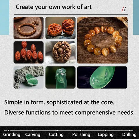 Various handcrafted items including beads and carvings showcasing the versatility of the 7 Speed Adjustable Buffer Polisher.