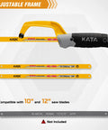 KATA mini hacksaw with adjustable yellow aluminum frame and black grip, includes two 10-inch bi-metal blades.