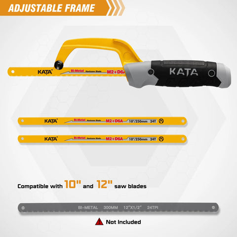 KATA mini hacksaw with adjustable yellow aluminum frame and black grip, includes two 10-inch bi-metal blades.