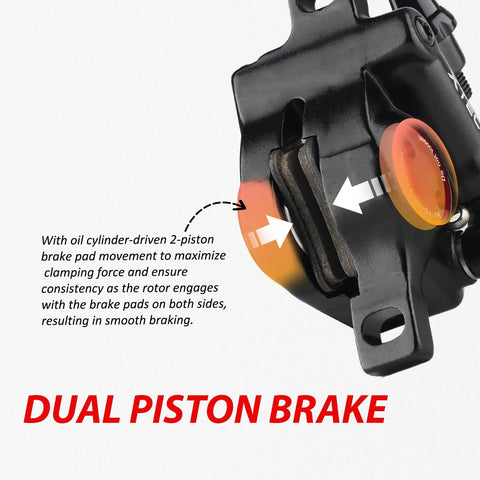 Side view of black hydraulic disc brake caliper showing dual-piston design and exposed brake pads.