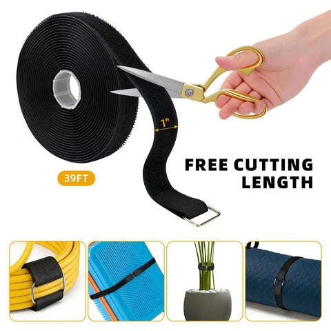 1 Inch By 39 Foot Nylon Hook And Loop Straps Roll With 60 Buckles 30 Metal And 30 Plastic Adjustable Reusable Cut To Length Ties For Home Office Garage Organization Black, shown being cut with scissors