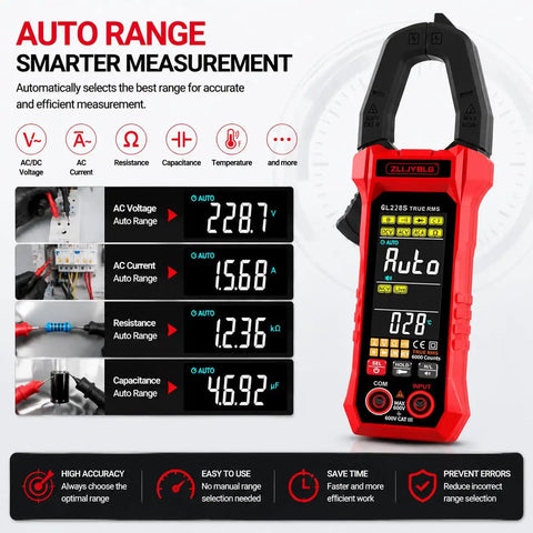 Pro Grade True RMS Clamp Meter For DIY And Pros 6000 Counts Multimeter Measures AC DC Voltage And 600A Current NCV Live Wire Detector Auto Range Overload Protection Capacitance Resistance Diode Test Handy For Home And Industrial Repairs, red black clamp meter