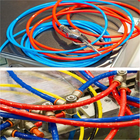 Built Different Heavy Duty Orange Pu Polyurethane Air Hose Four Hundred Feet Long Sweet Flex Armor And Rust Proof Finish For Auto Repair Or Fluid Transfer and colorful air hoses coiled and connected for efficient fluid transfer.