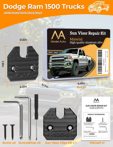 Sun Visor Repair Kit for RAM 1500 2019-2023 Aluminum Clip Replacement showing kit components and packaging