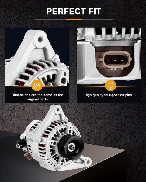 New Alternator Replacement For Pontiac Vibe 2003 2008 1.8L And Toyota Celica MR2 Corolla Matrix 2000 2008 1.8L L4 Engine Ready To Drop In High Output Auto Electrical Generator For Reliable Charging, featuring OEM-compatible dimensions and four-position pins.