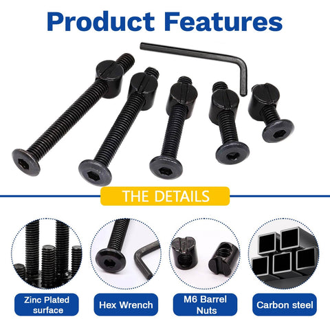 Universal M6 Crib Screws Replacement Kit with zinc-plated screws, wrench, barrel nuts, carbon steel for furniture repair.