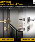 Comparison of cheap knockoff door lock and Door Armor Max Single Door Security Kit Reinforcement For Jamb Frame And Hinges Five Piece Lock Security System No Fuss 30 Minute Install Corrosion Proof White Built To Stop Kick Ins And Forced Entry installed, showing quality materials.