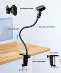 Adjustable 13.78 Inch Gooseneck Desk Microphone Stand with Clip, flexible boom arm clamped to desk, shown in office setup