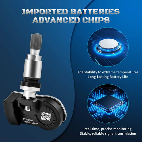Heavy Duty TPMS Tire Pressure Sensor Replacement Direct Fit For 433 MHz Systems showing sensor design and advanced technology features.