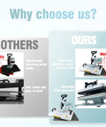 Comparison of heat press machines, plastic vs metal. Ours: 5 In 1 Heat Press Machine For T Shirts, Mugs, Hats, Plates And Tumblers.