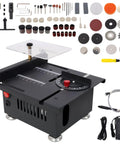 Badass Mini Table Saw With Slick Adjustable Speed And Precision Tilt Angles For Rapid Wood Cutting Sanding Engraving And Drilling on a black compact unit with accessories.
