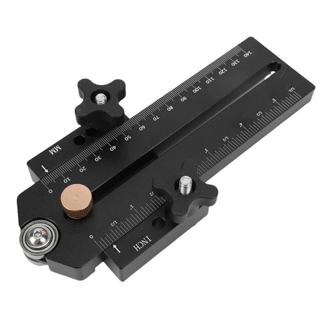 Pro Grade Thin Rip Table Saw Jig Guide Aluminum Body with Smooth Sliders, showcasing precision measurement rulers and knobs.