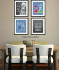 Science Pun Room Decor Set Of 4 Nerdy Lab Wall Art Prints 8x10 Unframed displayed above chairs and table in modern room setting.