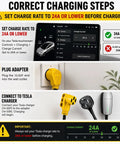 Image showing correct charging steps for Tesla with 10-50 adapter, highlighting setting rate to 24A or lower.