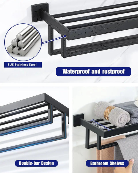 Double 24 Inch Towel Rack Matte Black For Bathroom Wall Mount Stainless Steel SUS304 Heavy Duty Rust Resistant