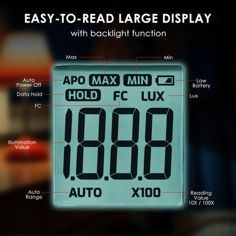 Handheld Lux Meter With Big LCD Display Data Hold And Backlight Fast Read High Accuracy For Indoor Outdoor Light Measurement 0.1 To 200000 Lux Wide Range Perfect For Photography Studio Gardening And Plant Growth, large LCD close-up