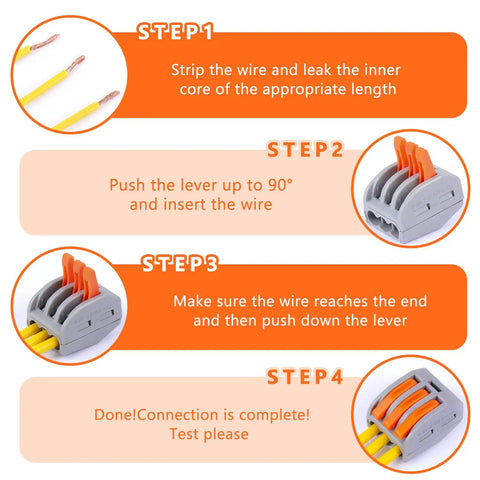 Installation steps for 60 Piece Lever Wire Connector Nuts Kit For Two Or Three Wire Quick Splice Electrical Connectors.