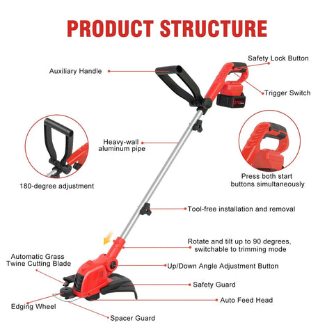Product structure of Two In One Cordless Weed Wacker And Lawn Edger With 12 Inch Cut showing parts and features.