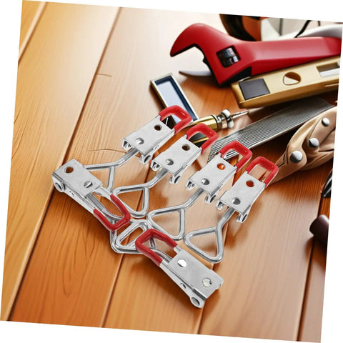 Six Piece Quick Release Toggle Clamp Set for freezer doors, smoker lids, and trunks with adjustable red handles on a table