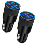 2-pack Dual USB Car Charger With Fast Charge 3.4A, Lighter Socket Adapter for Cars, black with blue USB ports, angled view.